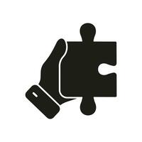 Human Hand Holds Puzzle Piece Silhouette Icon. Problem Solving, Solution, Strategy and Oneness Concept Glyph Pictogram. Jigsaw Part in Hand, Success Merge Solid Sign. Isolated Vector Illustration.