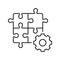 Business Development, Jigsaw Parts and Cogwheel Line Icon. Puzzle with Gear Linear Pictogram. Team Strategy and Creative Solution Outline Sign. Editable Stroke. Isolated Vector Illustration.