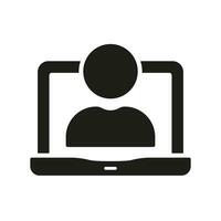 Online Video Conference, Work Meeting Silhouette Icon. Person in Laptop, Remote Employee Glyph Pictogram. Virtual Business Network Solid Sign. Computer User Symbol. Isolated Vector Illustration.
