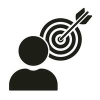 Strategic Goal Silhouette Icon. Object Oriented Human Symbol. Aim Focused Glyph Pictogram. Person with Target. Accuracy Solid Sign. Man with Dartboard and Arrow. Isolated Vector Illustration.