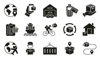 E-commerce and Delivery Service Silhouette Icon Set. Global Shipping Business Glyph Pictogram. Order Cargo, Parcel Box Solid Sign. Online Shopping Symbol Collection. Isolated Vector Illustration.