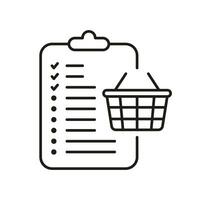 compra Lista de Verificación línea icono. tienda de comestibles lista a comprar pictograma. orden lista con cesta contorno símbolo. obtención revisa signo. en línea comercio electrónico venta. editable ataque. aislado vector ilustración.