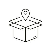 Package Pick Up Line Icon. Delivery Service Linear Pictogram. Order Location Outline Symbol. Pointer with Box, Shipping Sign. Receive Parcel Place. Editable Stroke. Isolated Vector Illustration.