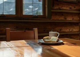 Served slice bread with hot espresso in a cup on  wooden lodge photo