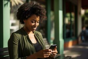 Beautiful black woman holding her cell phone with fingers on the screen photo