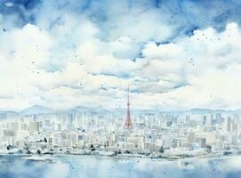 Blue watercolor cityscape background photo