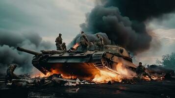 Military white men on a burnt tank photo