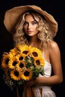 Beautiful woman with sunflower bouquet photo