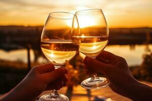 Glasses of wine with sunset sky background photo