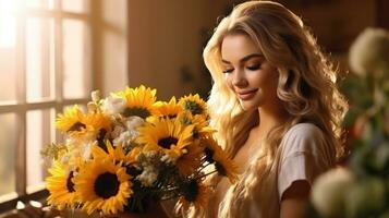 Beautiful woman with sunflower bouquet photo