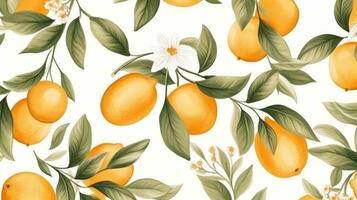 Beautiful botanical watercolor pattern with oranges and leaves photo