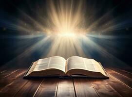 abierto Biblia con luces de sol foto