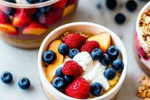 The Summer Breakfast Parfait is a colorful and delicious layered breakfast served in a glass or Mason jar. It's a quick and easy breakfast. Generative AI. photo