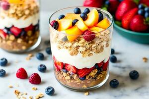 el verano desayuno parfait es un vistoso y delicioso en capas desayuno servido en un vaso o masón frasco. es un rápido y fácil desayuno. generativo ai. foto