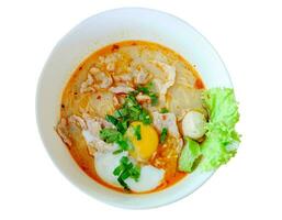 Noodle soup hot spicy pork egg vegetable photo