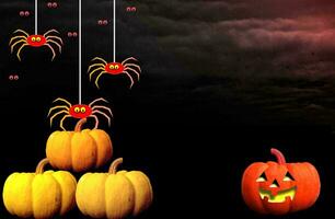 Happy Halloween banner or party invitation background with clouds bats and pumpkins photos