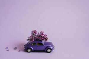 Purple toy car with lilac flowers on the roof on a lilac background. Flower delivery. Birthday holiday concept, Mother's day, Valentine's day, Spring day photo