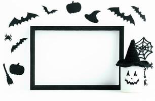 Happy Halloween banner or party invitation background with clouds bats and pumpkins photos