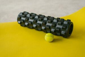 Balls, hand and foot massage for myofascial relaxation, yoga mat. Equipment for MFR. Self-massage tools photo