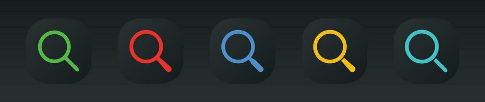 Neomorphic dark style colorful search icons set. vector