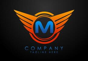 English alphabet M with wings logo design. Car and automotive vector logo concept