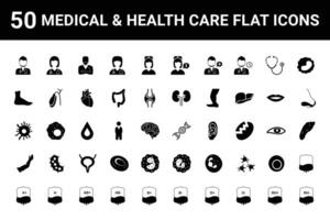 50 medical and health care icon collection flat style isolated on white background. vector illustration for use on web and mobile apps.