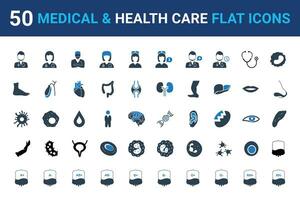 50 medical and health care icon collection flat style isolated on white background. vector illustration for use on web and mobile apps.