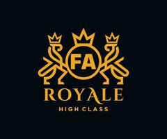 Golden Letter FA template logo Luxury gold letter with crown. Monogram alphabet . Beautiful royal initials letter. vector