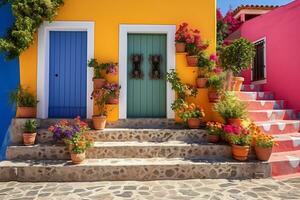 Colorful house with door window and stairs photo
