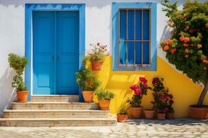 Colorful house with door window and stairs photo