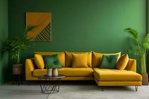 Corner fabric sofa near vibrant wall photo