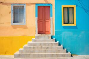 Colorful house with door window and stairs photo