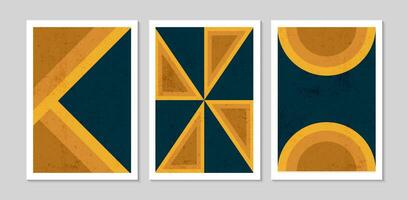 Set of abstract contemporary mid century posters with abstract shapes and texture. Design for wallpaper, background, wall decor, cover, print, card. Modern boho minimalist art. Vector illustration.