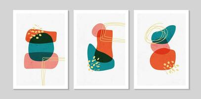 Set of abstract contemporary mid century posters with abstract shapes and texture. Design for wallpaper, background, wall decor, cover, print, card. Modern boho minimalist art. Vector illustration.