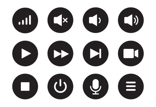 audio, video, música jugador botón icono. sonido control, jugar, pausa botón sólido icono colocar. cámara, medios de comunicación control, micrófono interfaz pictograma. vector
