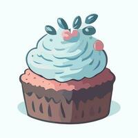 Cupcake with blue cream and cherries illustration. photo