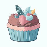 Cupcake with blueberries and strawberries. Vector illustration in cartoon style.
