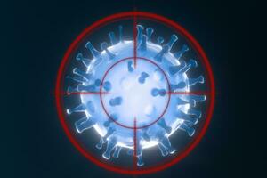 Dispersed corona viruses with aiming target, 3d rendering photo