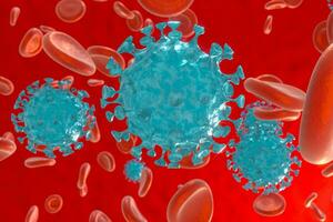 Dispersed corona viruses with blood background, 3d rendering photo