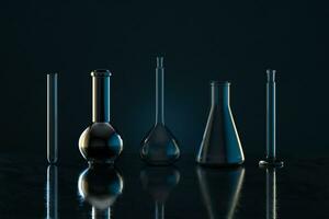 química cristalería con oscuro fondo, 3d representación. foto
