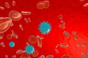 Dispersed corona viruses with blood background, 3d rendering photo