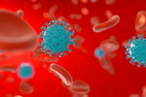 Dispersed corona viruses with blood background, 3d rendering photo