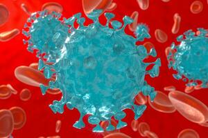 disperso corona virus con sangre fondo, 3d representación foto