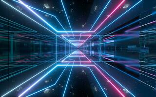 Dark tunnel with glowing neon lines, 3d rendering. photo