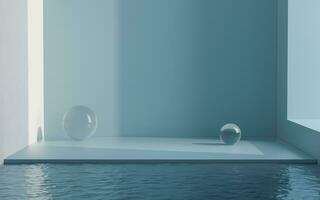 Glass balls and water in an empty room, 3d rendering. photo