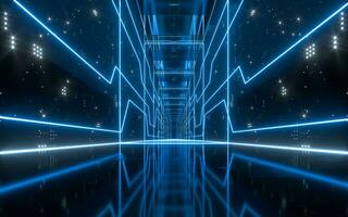 Dark tunnel with glowing neon lines, 3d rendering. photo