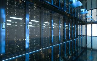 Server racks in computer network security server room data center, 3d rendering. photo