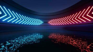 lysande neon rader med vatten yta bakgrund, 3d tolkning. video