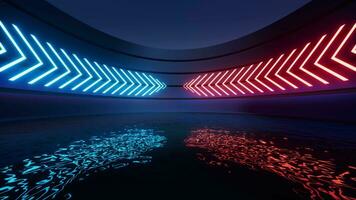 Glowing neon lines with water surface background, 3d rendering. video