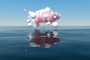 nube y geométrico figura flotante en el lago, 3d representación. foto